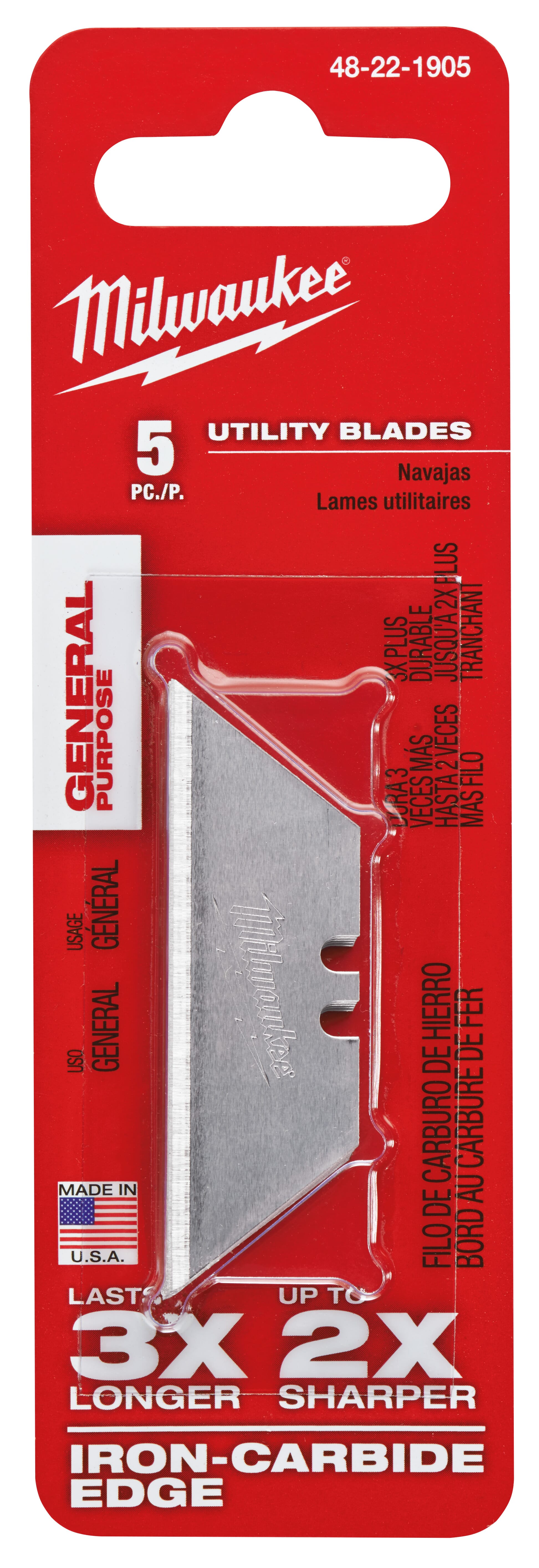 Milwaukee® 48-22-1905 5-Piece General Purpose Utility Blade, Micro Carbide Metal, Sharp Point/Straight Edge, 2-3/8 in L x 3/4 in W Blade, Compatible With: Milwaukee® Most Standard Utility Knives, 0.025 in THK